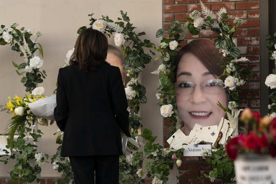 Vice President Kamala Harris visits a memorial set up outside Star Dance Studio in Monterey Park, Calif., Wednesday, Jan. 25, 2023, to honor the victims killed in last week's mass shooting. (AP Photo/Jae C. Hong)