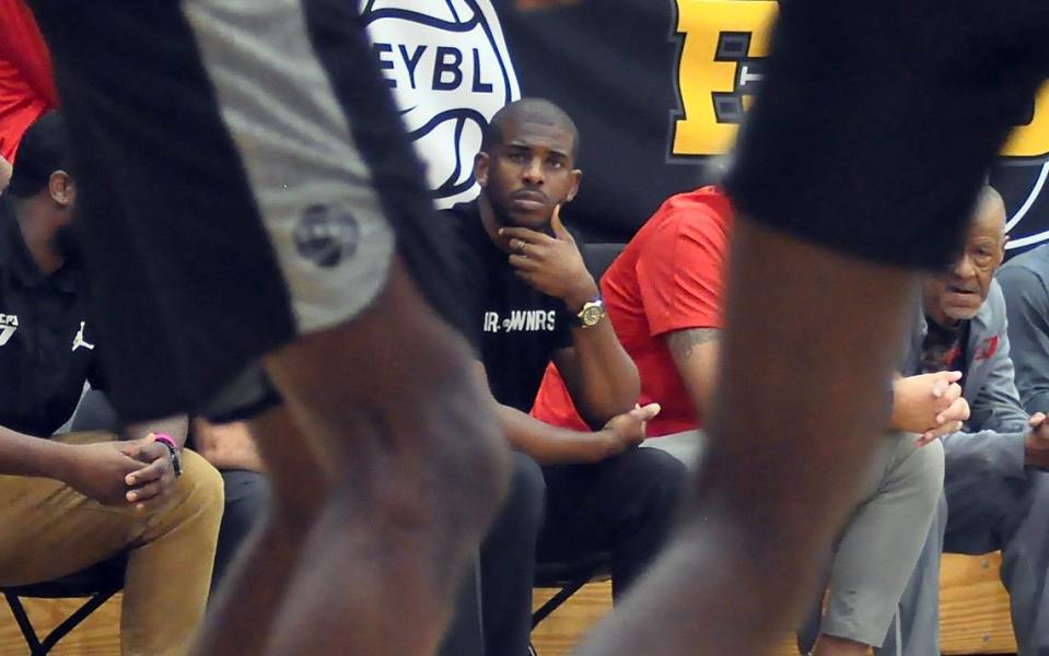 Phoenix Suns guard Chris Paul, a native of Winston-Salem, watches the 17 and under team he sponsors under the Team CP3 umbrella compete in the Nike Elite Youth Basketball League (EYBL) Peach Jam tournament. Team CP3 defeated The Scholars on July 22, 2022 in North Augusta, S.C.