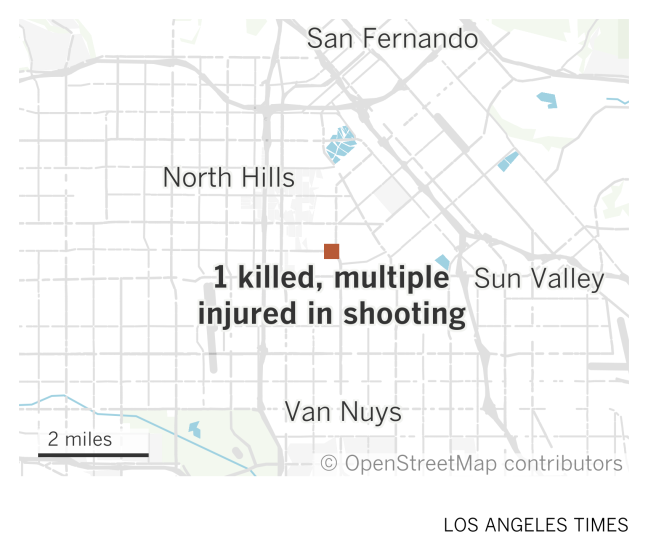 A map of the east San Fernando Valley shows were 1 person was killed and multiple injured in a shooting in Panorama City