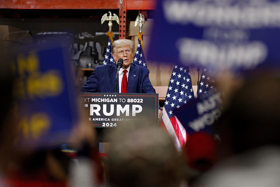 Former President Donald Trump speaks in Clinton Township, Mich., Wednesday, Sept. 27, 2023. (AP Photo/Mike Mulholland)