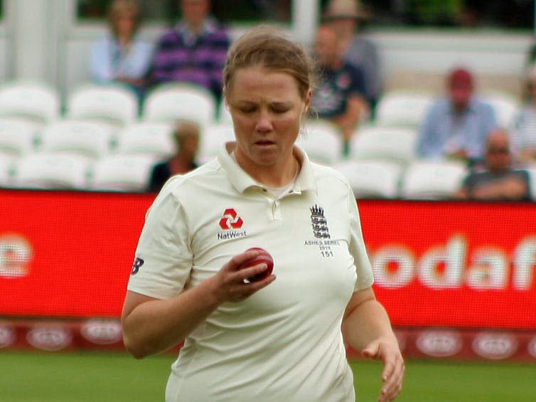 <span class="caption">Anya Shrubsole during the 2019 Women’s Ashes Test match at the County Ground, Taunton, UK.</span> <span class="attribution"><span class="source">Harrias via Wikimedia Commons</span>, <a class="link " href="http://creativecommons.org/licenses/by-sa/4.0/" rel="nofollow noopener" target="_blank" data-ylk="slk:CC BY-SA;elm:context_link;itc:0;sec:content-canvas">CC BY-SA</a></span>