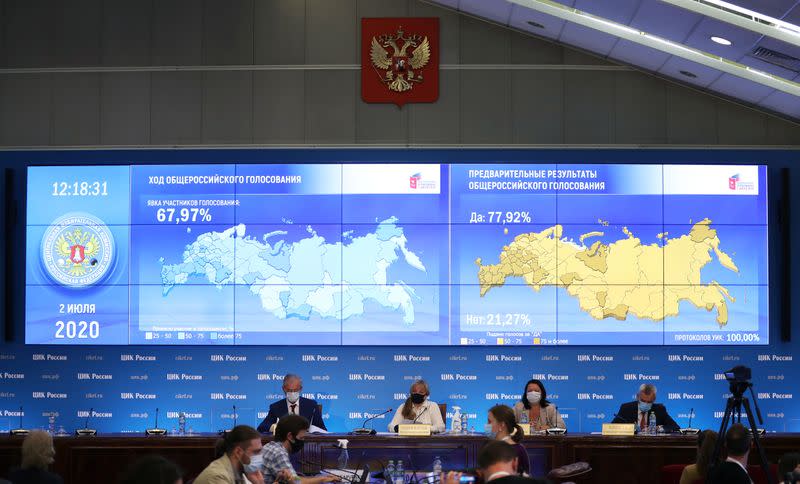 Preliminary results of a nationwide vote on constitutional reforms are displayed on a screen at the Central Election Commission headquarters in Moscow