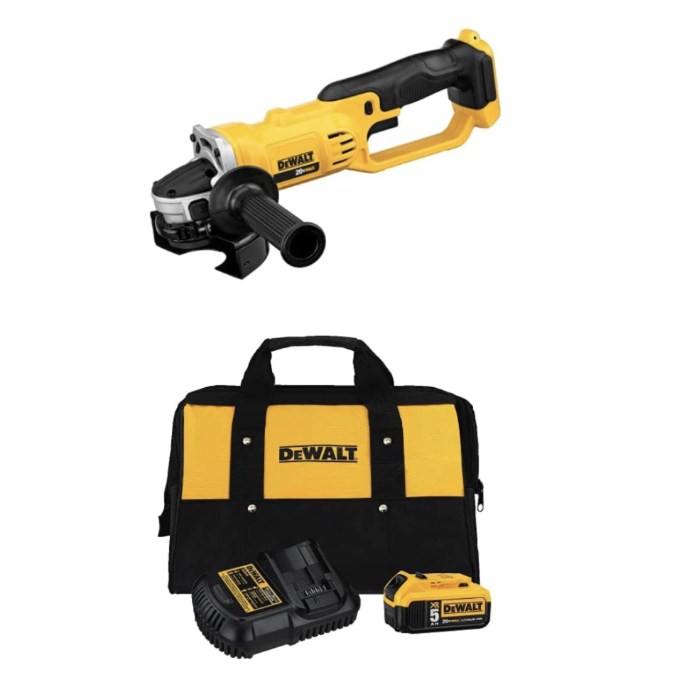 DEWALT DCG412B 20V MAX* Lithium Ion 4-1/2” Grinder (Tool Only) & DEWALT 20V MAX Battery and Charger Kit with Bag, 5.0Ah (DCB205CK) (photo via Amazon)