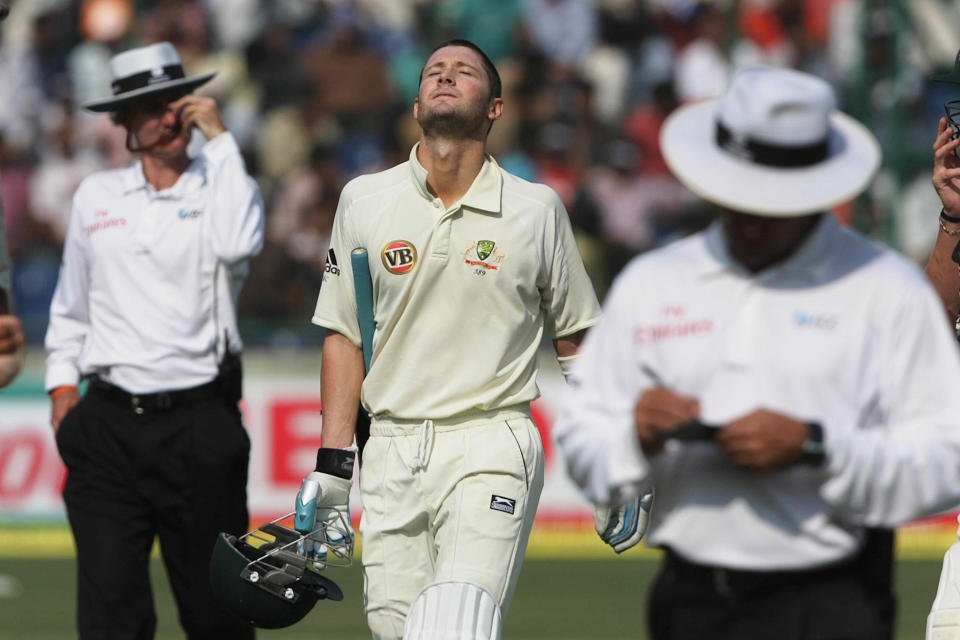 NEW DELHI, INDIA - OCTOBER 29, 2008: Australia's Michael Clarke reacts after competing his hundred, during the fourth day of the Third Test match between India and Australia at Feroz Shah Kotla Ground, on October 29, 2008 in New Delhi, India. (Photo by Vipin Kumar/Hindustan Times via Getty Images)
