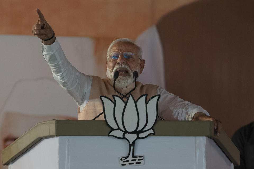 Indian Prime Minister Narendra Modi speaks at an election campaign rally in Meerut, India, Sunday, March 31, 2024. Modi on Sunday also launched a formal election campaign for his BJP from north Indian city of Meerut, some 100 kilometers (62 miles) from New Delhi, seeking a third term for his government's campaign for “Viksit Bharat” or developed India. (AP Photo/Altaf Qadri)