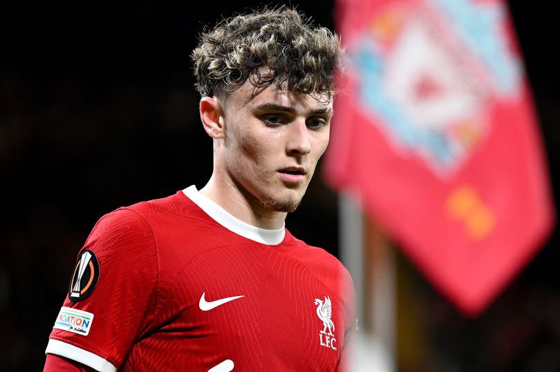 Liverpool midfielder Bobby Clark in action during the Europa League round of 16 second leg match against Sparta Prague at Anfield on March 14 2024