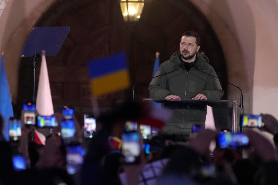 Ukrainian President Volodymyr Zelenskyy holds a speech during his visit to Warsaw, Poland, Wednesday, April 5, 2023.