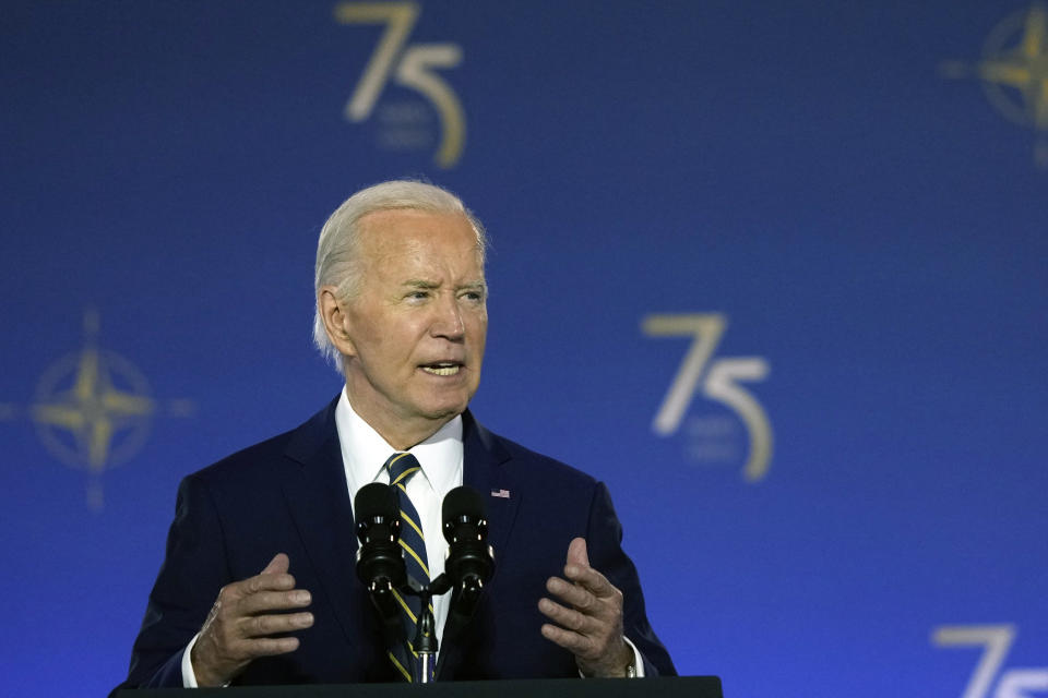 President Joe Biden speaks during an event commemorating the 75th Anniversary of NATO at the Andrew W. Mellon Auditorium on the sidelines of the NATO summit in Washington on Tuesday, July 9, 2024. (AP Photo/Susan Walsh)