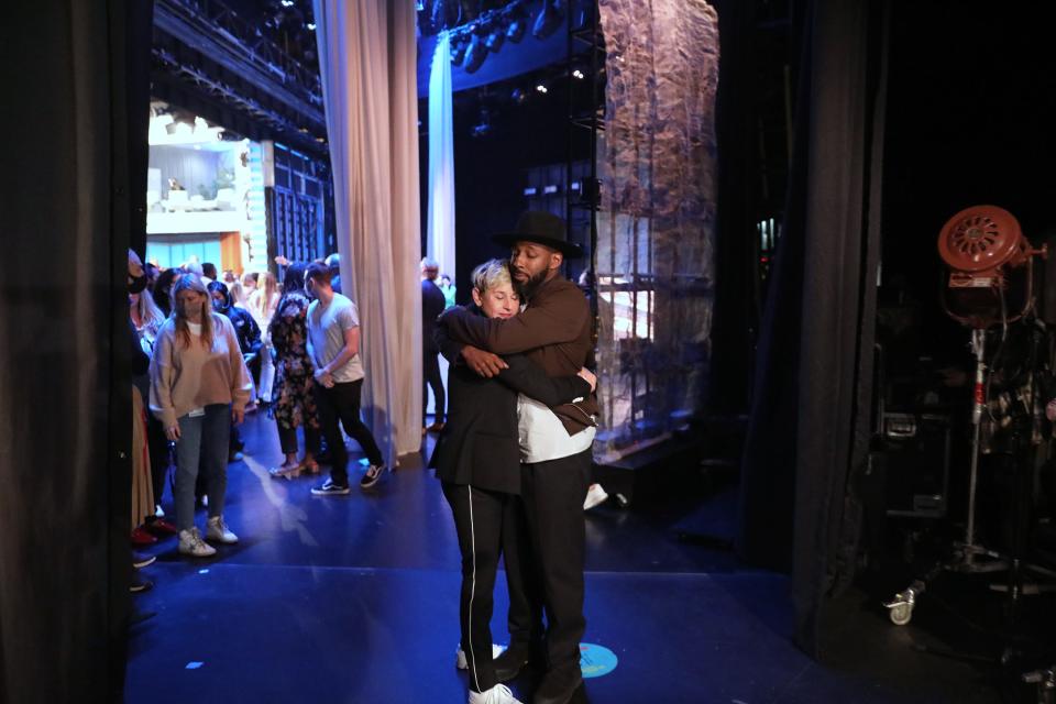 Ellen DeGeneres is seen hugging Stephen "tWitch" Boss during taping of the final episode of "The Ellen DeGeneres Show" at the Warner Bros. lot in Burbank, Calif.  on April 28, 2022.