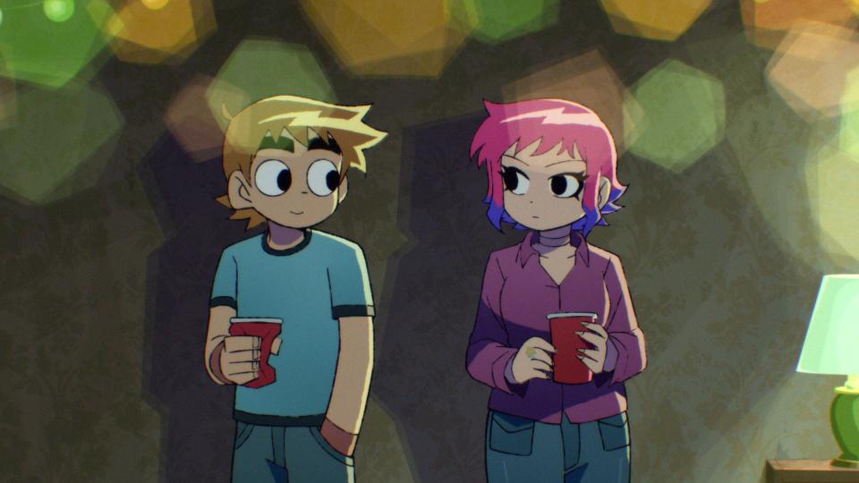 scott pilgrim and ramona flowers in the scott pilgrim anime. they're standing next to each other, looking awkwardy. scott is crushing his red solo cup in his hand.