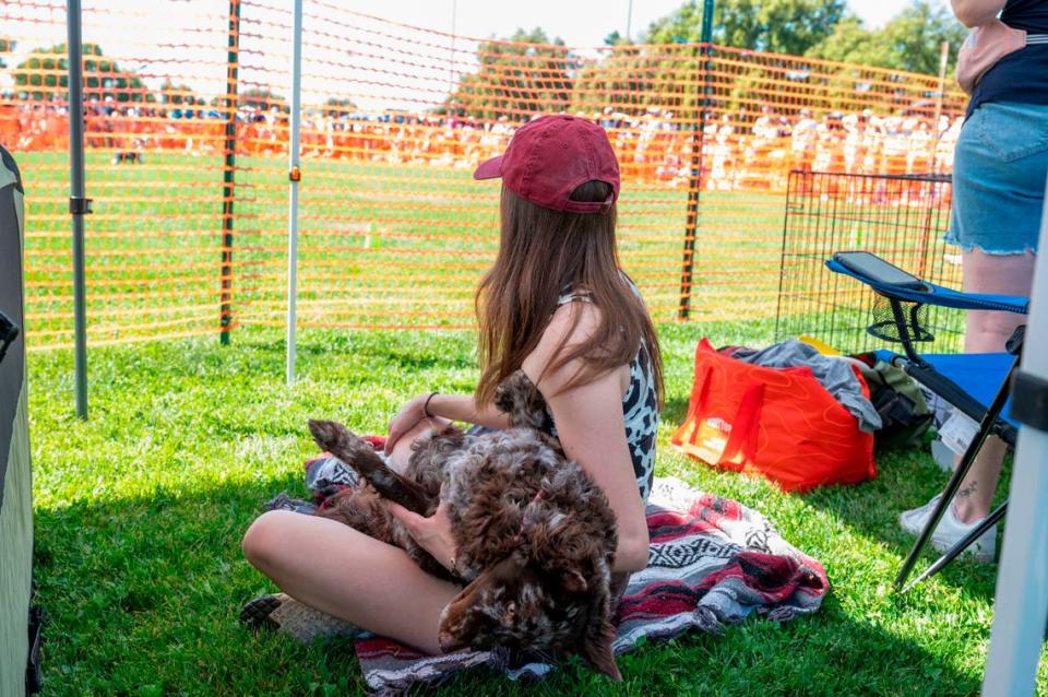 Samantha Van Buren sits with her dog Guava, a mudi, while waiting to compete in the Frisbee Dog contest at UC Davis’ Picnic Day on Saturday.