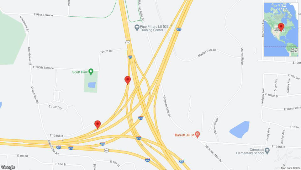 A detailed map that shows the affected road due to 'Broken down vehicle on the U. S. Highway 71 in Kansas City' on July 26th at 5:53 p.m.