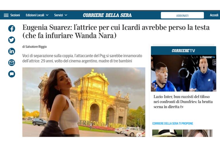 El Corriere Della Sera apuntó contra la China Suárez