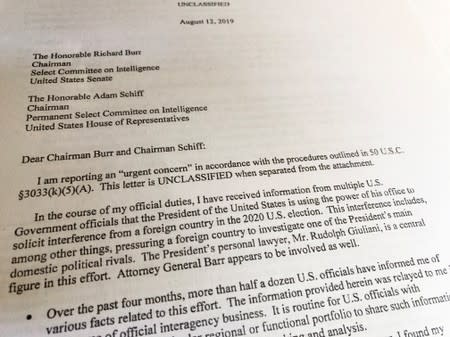 Letter from intelligence community whistleblower is seen after release by House Intelligence Committee in Washington