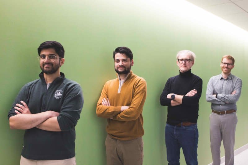 From left are the study's co-lead authors Arvind Pillai and Subigya Nepal, doctoral candidates at Dartmouth, corresponding author Andrew Campbell, the Albert Bradley 1915 Third Century Professor of Computer Science, and co-author Nicholas Jacobson, assistant professor of biomedical data science and psychiatry in Dartmouth's Geisel School of Medicine. Photo by Katie Lenhart/Dartmouth