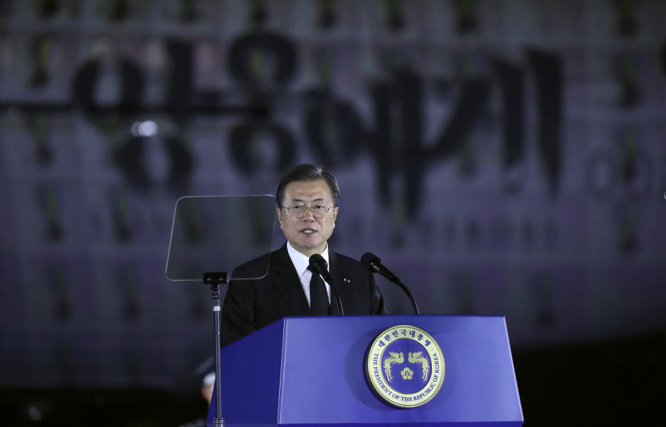 South Korean President Moon Jae-in speaks during a ceremony to mark the 70th anniversary of the Korean War at the Seoul airport in Seongnam, South Korea, Thursday, June 25, 2020. (Kim Ju-sung/Yonhap via AP)