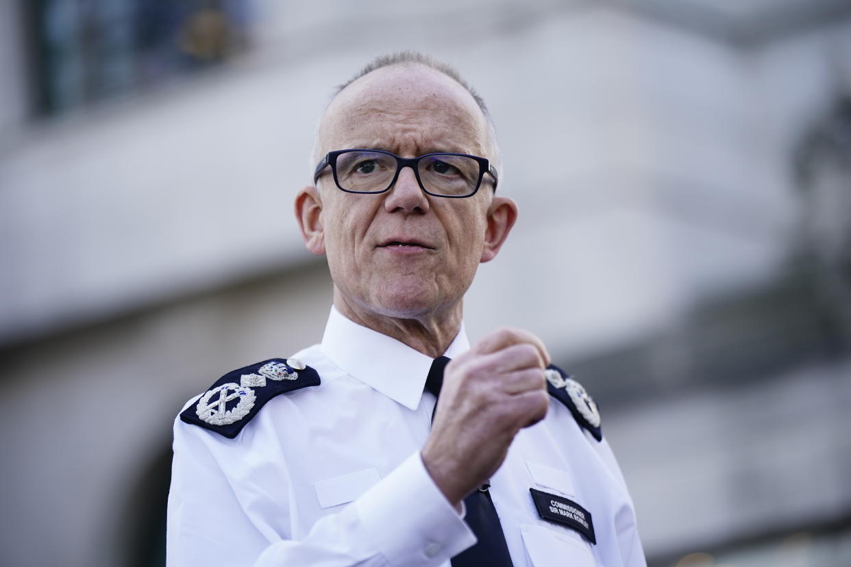 Metropolitan Police Commissioner Sir Mark Rowley speaks to the media outside New Scotland Yard, central London, after rapist Metropolitan Police officer David Carrick was jailed at Southwark Crown Court for life with a minimum term of 30 years and 239 days for attacking a dozen women over a 17-year period. Picture date: Tuesday February 7, 2023. (Photo by Aaron Chown/PA Images via Getty Images)