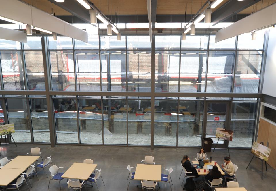 This common space, as seen Oct. 18 in The Frank and Maureen Wilkens Science and Engineering Center has a view of the old building, which is slated to be demolished.  Merrily Cassidy/Cape Cod Times