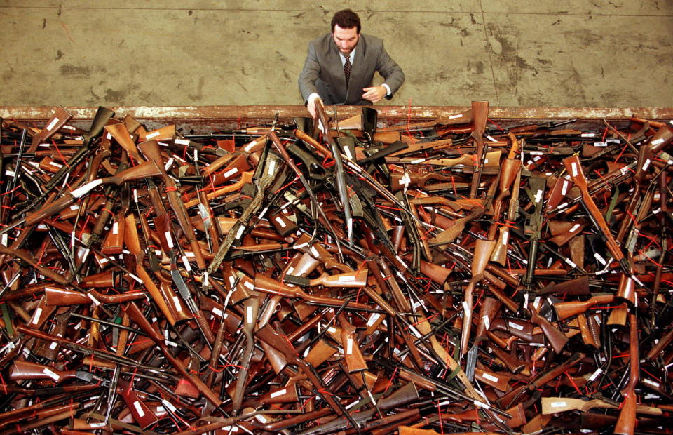 Guns handed in during the 1996 buyback program in Sydney. More than 700,000 firearms were handed over in the government program. (Photo: David Gray / Reuters)