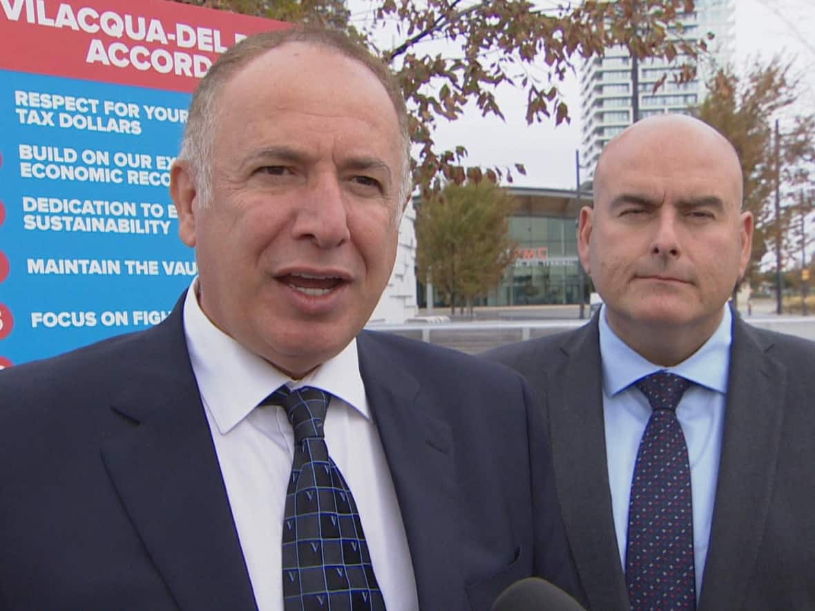 Longtime Vaughan Mayor Maurizio Bevilacqua, left, formally endorsed Steven Del Duca to replace him at city hall. (CBC - image credit)