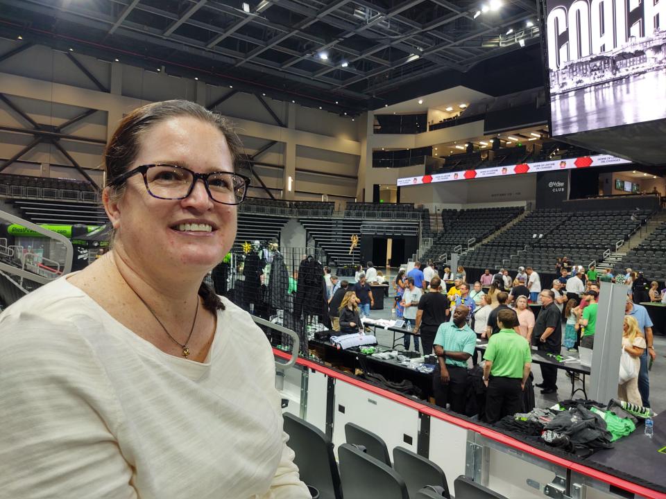 Season-ticket holder Michele O'Brien of Savannah was at the new Enmarket Arena on Thursday, May 19, to attend a Savannah Ghost Pirates event and check out the view from her seat for the ECHL team's inaugural season of 2022-23.