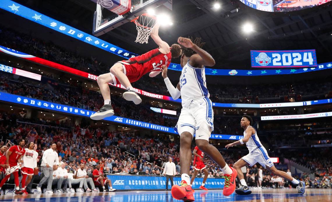 N.C. State’s Ben Middlebrooks (34) is called for a technical after missing his dunk and grabbing the ball while still hanging on the rim late in the second half of N.C. State’s 74-69 victory over Duke in the quarterfinal round of the 2024 ACC Men’s Basketball Tournament at Capital One Arena in Washington, D.C., Thursday, March 14, 2024.