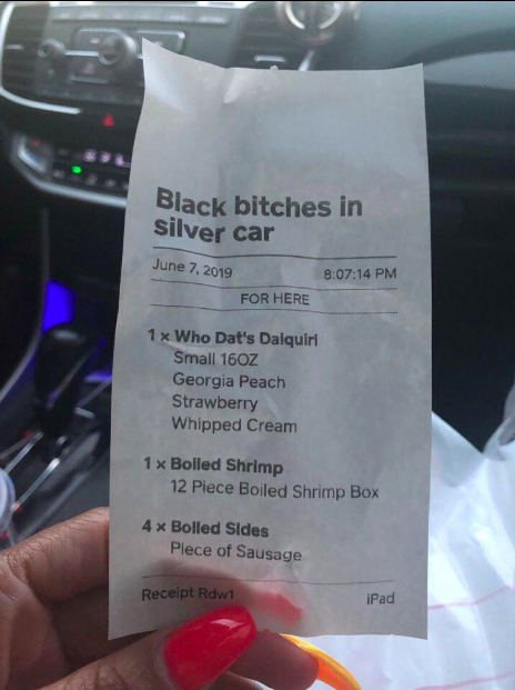 Alexia Washington was shocked to read this racist message on her food receipt at local restaurant Who Dat, so she went public with it — and her decision paid off. (Photo: Courtesy of Facebook/Jakez Smith) 