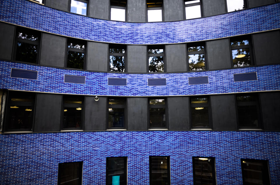 Blue tiles clad the curved building of the new Jewish educational and cultural complex in Berlin, Germany, Monday, June 12, 2023. The Pears Jewish Campus, run by the local Chabad community, is located in the German capital's Wilmersdorf neighbourhood and will be officially opened Sunday, June 25, 2023. (AP Photo/Markus Schreiber)