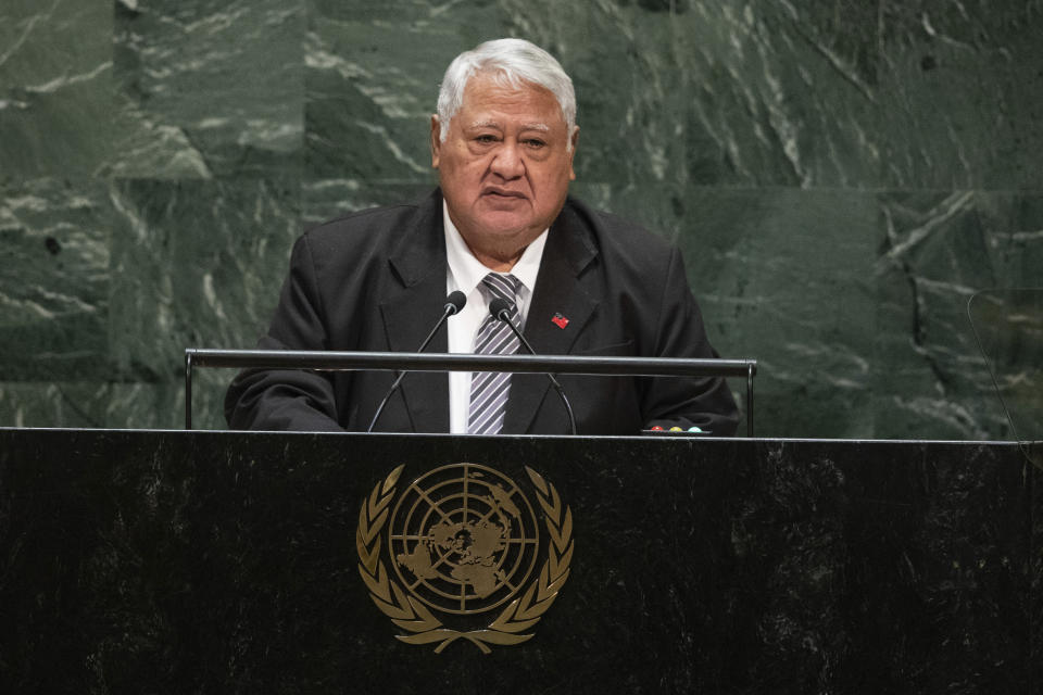 FILE - In this Sept. 29, 2019, file photo, Samoa's Prime Minister Tuilaepa Sailele Malielegaoi addresses the 74th session of the United Nations General Assembly at the U.N. headquarters in New York. Samoa appears set to get its first female leader after the nation's top court on Monday, May 17, 2021 reinstated the results of a knife-edge election from last month which appears to have ended what most people viewed as an attempt by Tuilaepa to cling to power. (AP Photo/Kevin Hagen, File)