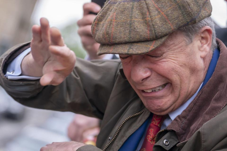 Nigel Farage reacts after something is thrown towards him on the campaign trail (Danny Lawson/pa) (PA Wire)