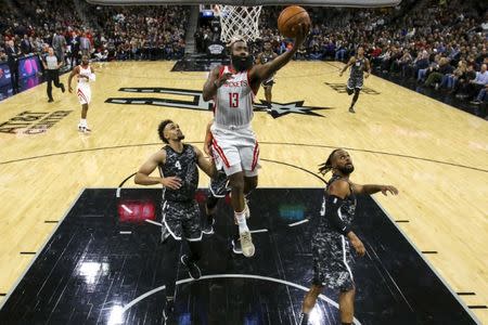 Nov 10, 2018; San Antonio, TX, USA; Houston Rockets guard James Harden (13) goes up for a layup during the third quarter against the San Antonio Spurs at AT&T Center. John Glaser-USA TODAY Sports