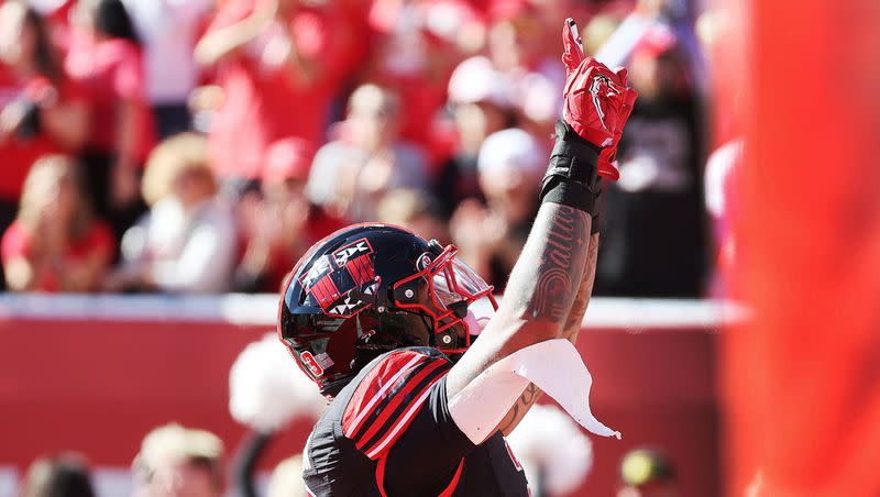 Utah Utes running back Ja’Quinden Jackson (3) celebrates his touchdown against the California Golden Bears in Salt Lake City on Saturday, Oct. 14, 2023.