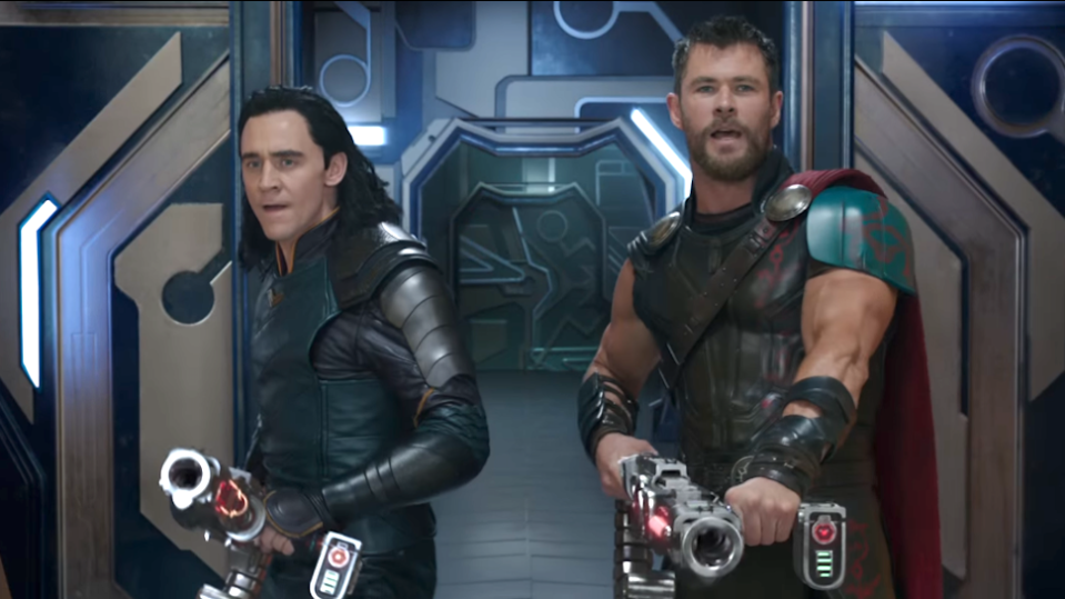 Loki and Thor shoot guns in Thor: Ragnarok