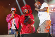 Prakazrel “Pras” Michel, from left, Lauryn Hill and Wyclef Jean, of the Fugees, perform during "The Miseducation of Lauryn Hill" 25th anniversary tour on Sunday, Nov. 5, 2023, at the Kia Forum in Inglewood, Calif. (Photo by Willy Sanjuan/Invision/AP)