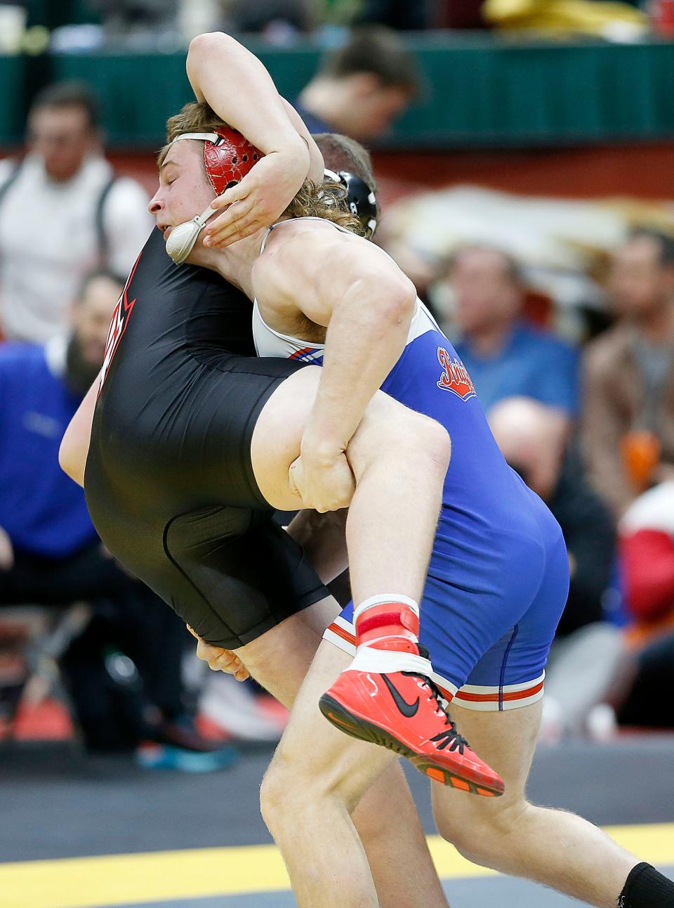 West Holmes' Elisha Baldridge wrestles Jonathan Adler's Dom Kroninger during their 285 lbs. match at the OHSAA State Wrestling Championships Sunday, March 12, 2023 at the Jerome Schottenstein Center. . TOM E. PUSKAR/ASHLAND TIMES-GAZETTE