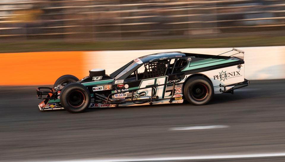 Justin Bonsignore, driver of the #51 Phoenix Communications, Inc., drives during a qualifying lap during the Eddie Partridge 256 for the Whelen Modified Tour at Riverhead Raceway on September 17, 2022 in Riverhead, New York. (Mike Lawrence/NASCAR)