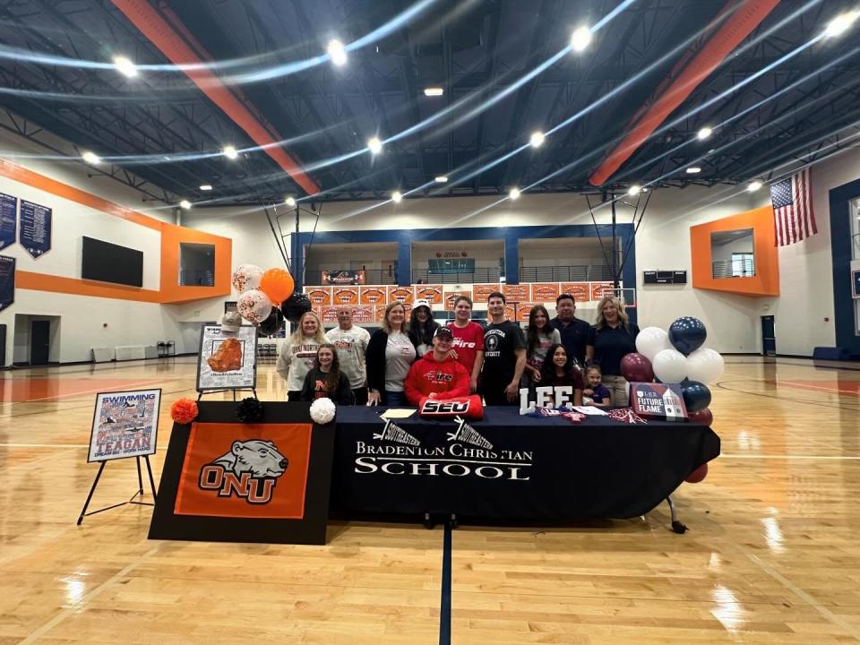 Bradenton Christian athletes, seated from left, Teagan Stermer (Ohio Northern University, Swimming), Josh Langborgh (Southeastern University, Football), and Natalie Griffith (Lee University, Lacrosse) were honored during a signing ceremony held Tuesday, March 5, 2024.