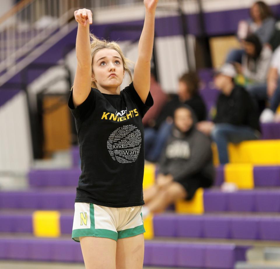 Northeastern freshman Ady Kircher shoots a jumper before a sectional game against Union County Feb. 3, 2023.