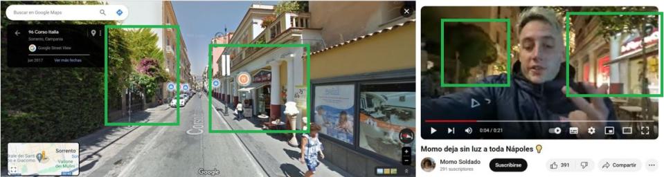 <span>Comparación entre capturas de pantalla de una localización en Google Maps (I) y un video en YouTube en Sorrento, hechas el 16 de abril de 2024</span>
