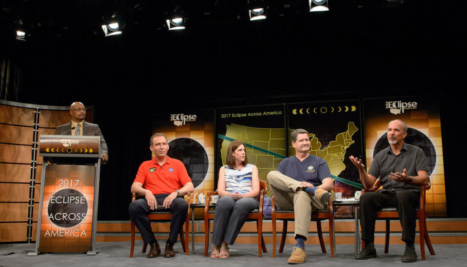 NASA scientists hosted a briefing in Washington, D.C., two months before the Great American Total Solar Eclipse. (From left to right: NASA communications officer Dwayne Brown; Thomas Zurbuchen, associate administrator of NASA's Science Mission Directorate; Angela Des Jardins, principal investigator of the Eclipse Ballooning Project at Montana State University; Dave Boboltz, program director of solar physics in the Division of Astronomical Sciences at the National Science Foundation; and Matt Penn, an astronomer at the National Solar Observatory in Tucson, Arizona.) <cite>NASA/Bill Ingalls</cite>