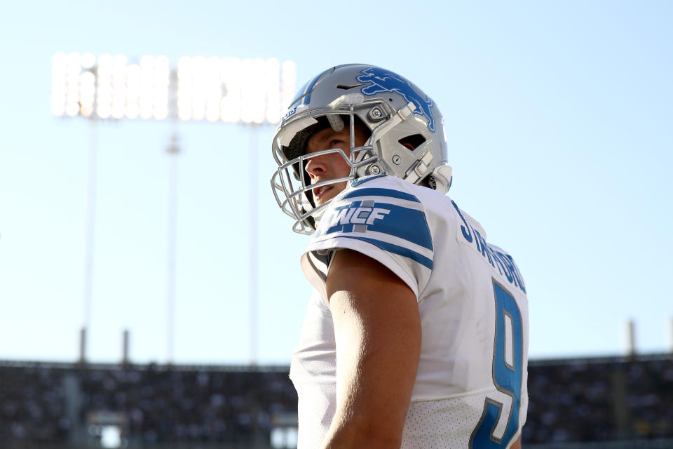 Lions QB Matthew Stafford won't start on Sunday, ending his streak of consecutive starts at 136. (Photo by Ezra Shaw/Getty Images)