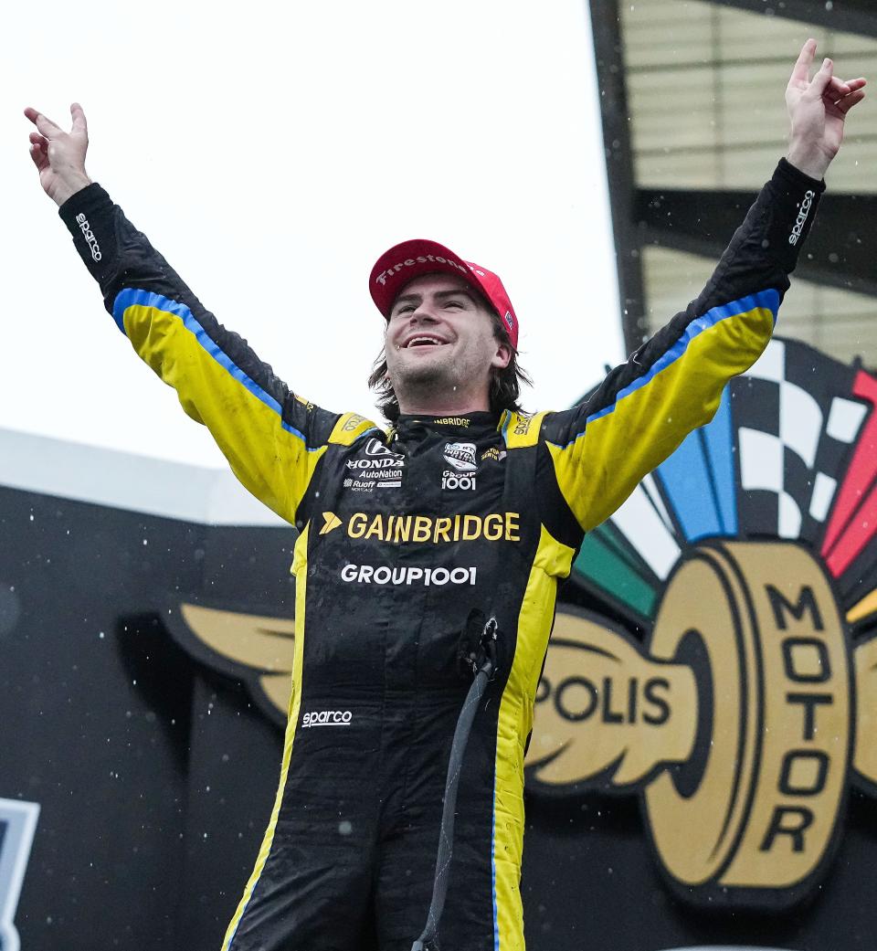 Andretti Autosport with Curb-Agajanian driver Colton Herta (26) celebrates winning the the GMR Grand Prix on Saturday, May 14, 2022, Indianapolis Motor Speedway in Indianapolis.