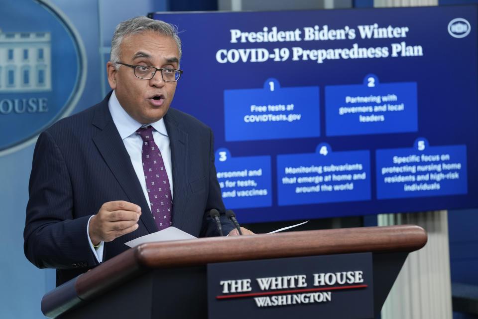 FILE - White House COVID-19 Response Coordinator Ashish Jha speaks during the daily briefing at the White House in Washington, Thursday, Dec. 15, 2022. Ashish Jha, the White House’s point person on the COVID-19 response, will depart from the administration next week. A White House official said Jha will return to Brown University, where he had served as the dean of the university’s school of public health before joining the White House as its COVID-19 coordinator in April 2022. (AP Photo/Susan Walsh, File)