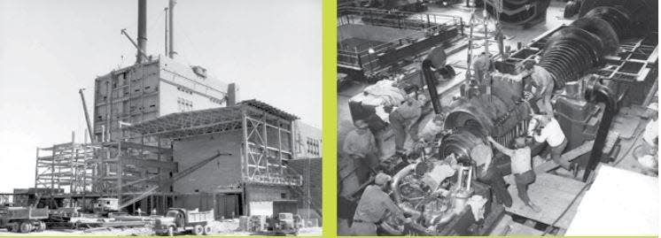 These photos show the construction of Unit 2 of the J.R. Whiting Power Plant (left) in 1952 and turbine construction at Unit 3 (right) in 1953. The plant cost $80 million in 1952 dollars to build ($918 million in 2023 dollars).