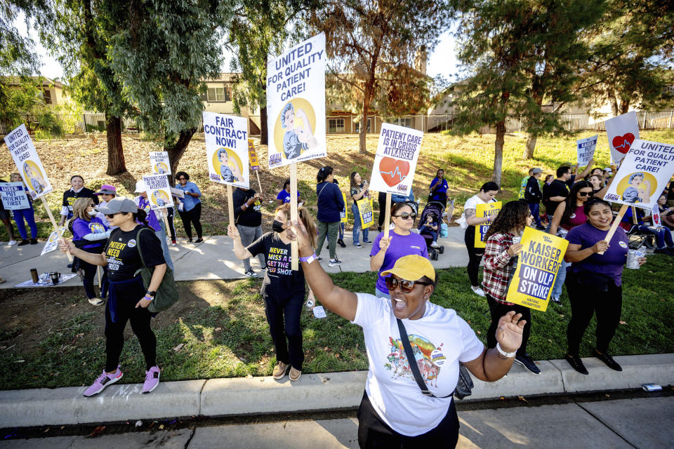 Healthcare workers picket outside Kaiser Permanente hospital during a nationwide strike, Wednesday, Oct. 4, 2023, in Moreno Valley, Calif.Some 75,000 Kaiser Permanente workers who say understaffing is hurting patient care have walked off the job in multiple states, kicking off a major health care worker strike. (Watchara Phomicinda/The Orange County Register via AP)