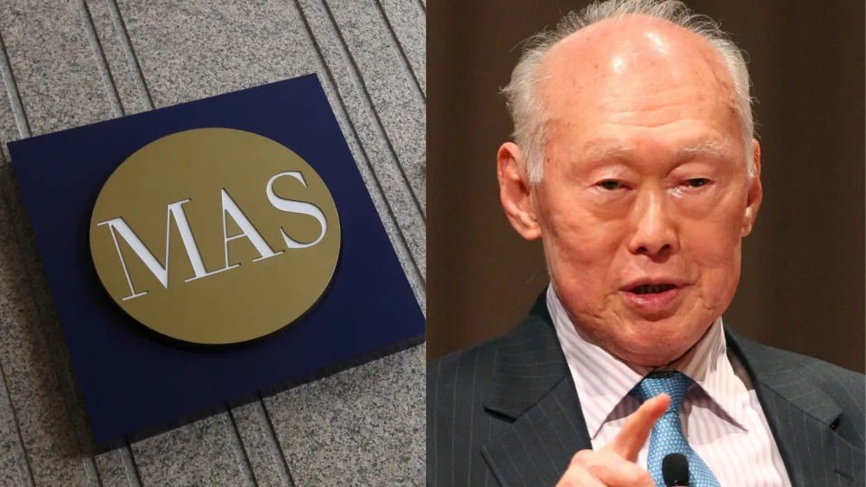 On the left is the MAS logo and the right is the late Lee Kuan Yew. 