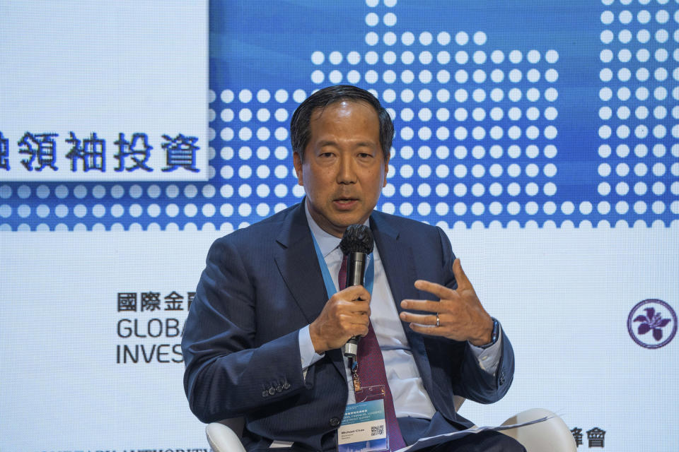 Chief Financial Officer and Senior Managing Director of Blackstone Michael Chae speaks during the Global Financial Leaders' Investment Summit in Hong Kong, Wednesday, Nov. 2, 2022. Chinese regulators downplayed China's real estate slump and slowing economic growth while Hong Kong's top leader pitched Hong Kong as a unique link to the rest of China at a high-profile investment summit Wednesday. (AP Photo/Bertha Wang)