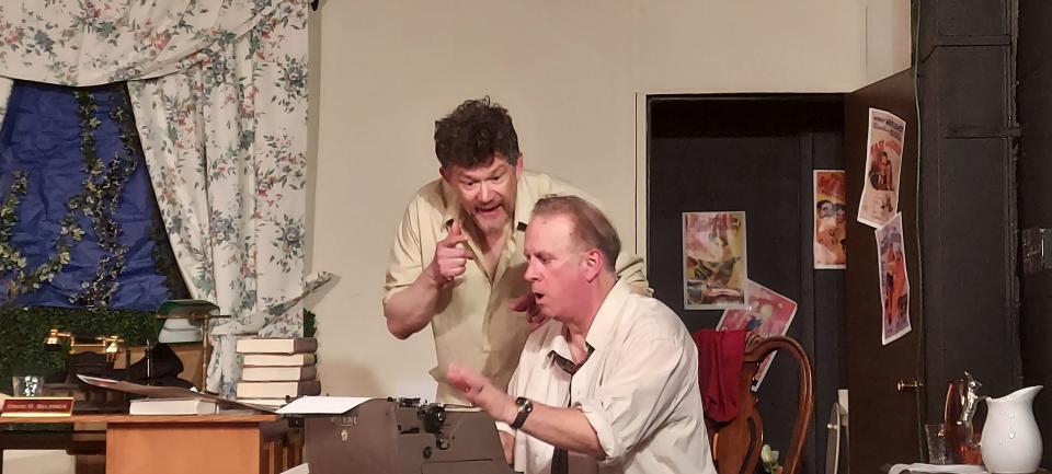 Brad Mazick, standing, and Ken McCoy rehearse a scene for The Acting Ensemble's production of “Moonlight and Magnolias” that opens April 14 and continues through April 23, 2023.