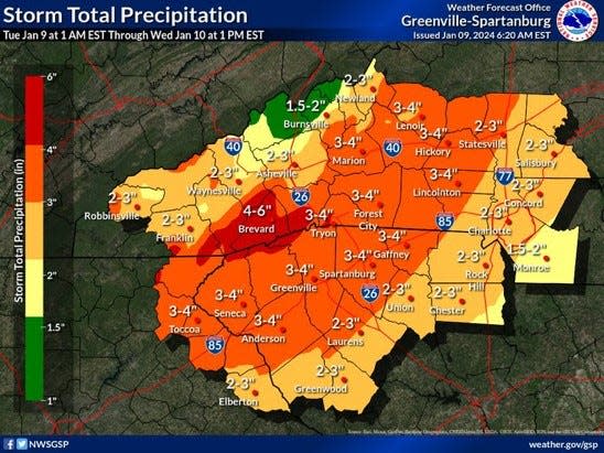 The map depicts how much precipitation the area is expected to receive before 1 p.m. Jan. 10, according to the National Weather Service. Asheville will likely receive between 2 to 3 inches.