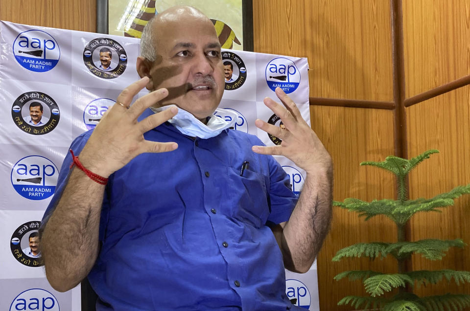 Acting health minister of India's capital New Delhi Manish Sisodia speaks during an interview with The Associated Press in New Delhi, India, Saturday, June 27, 2020. Sisodia said Saturday that New Delhi is facing a shortage of “trained and experienced” health care workers, providing a major challenge in a city that is the epicenter of the country's coronavirus outbreak. (AP Photo/Shonal Ganguly)